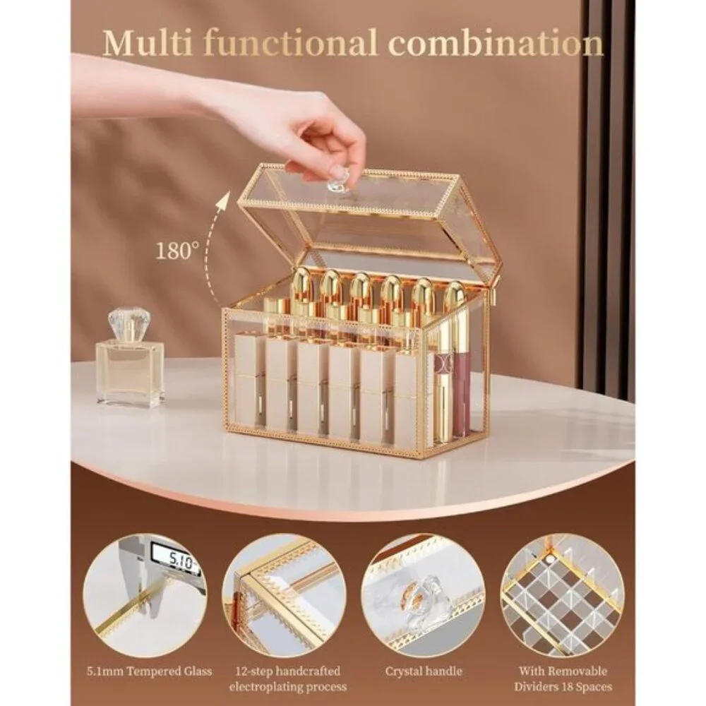 New Luxury Glass Lipstick Organizer, 18-Slot Gold Vanity Holder for Nail Polish